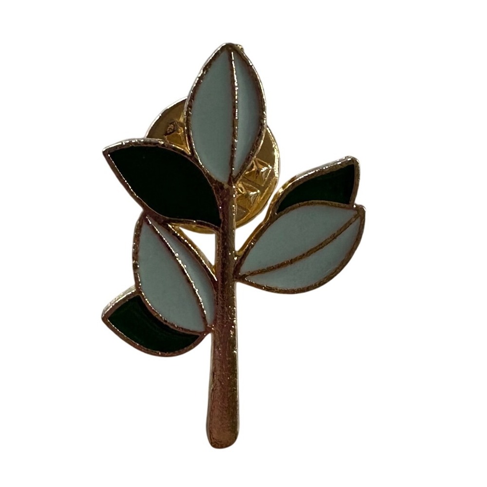 Green & White Leaf Pin Brooch Gold Tone Plant Nature Jewelry Accessory Bamboo